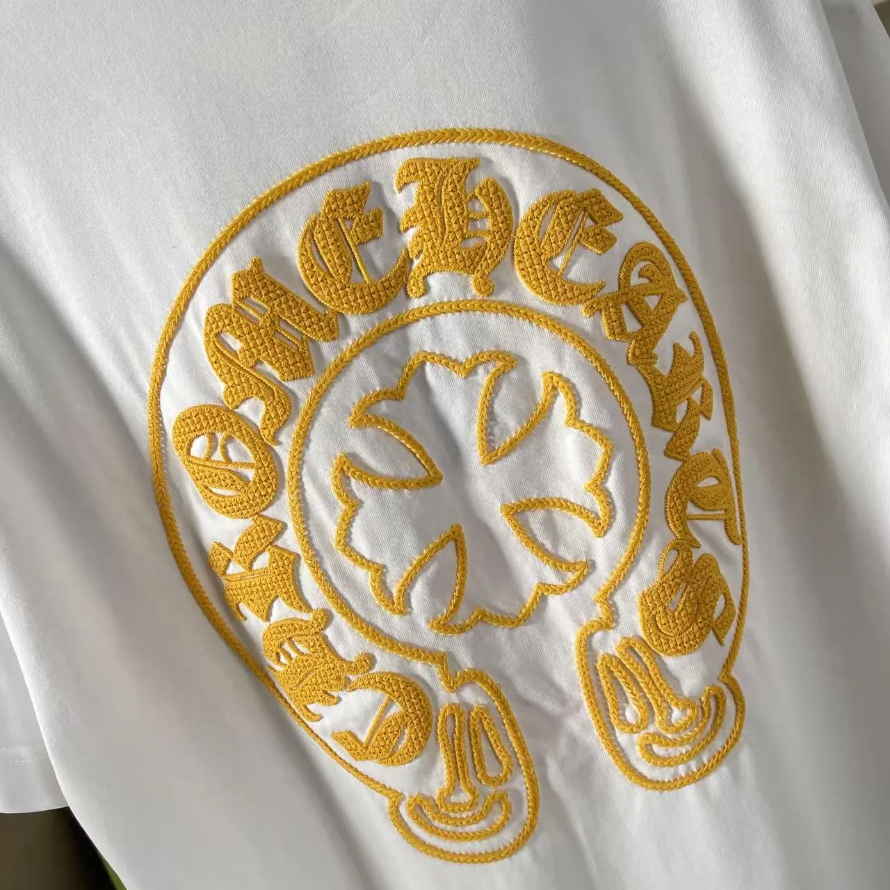 🅿️200 ch Crow* 2025 spring and summer new style Sanskrit horseshoe cross cross vacuum embroidery short-sleeved t-shirt custom fabric 300g same style for men and women Size: S M L XL XXL Five codes Color: black white